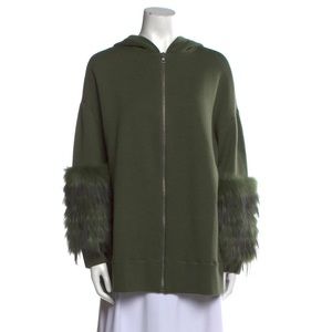 Alice + Olivia Joey Fox Fur Trim Wool Zip Hooded Sweater Jacket in Olive